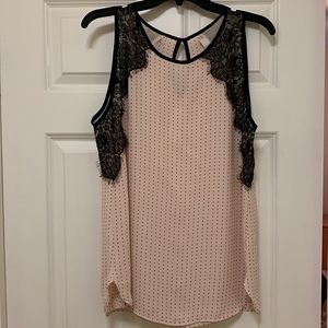 NWOT Loft Sleeveless Top. Pink and Black Polka Dot With Lace Detail. Size M.